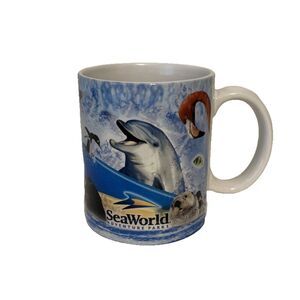 Vtg Sea World Adventure Parks Coffee Mug 10 oz Whales Dolphin Penguin Fish NOS